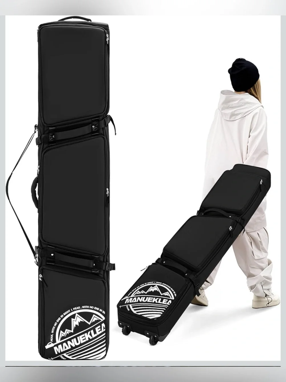 MANUEKLEAR Rolling Ski Travel Bag Holds Skis from 170-184 cm, Durable